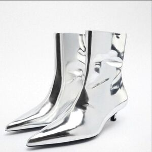 ZARA Silver Metallic Leather Ankle Boots